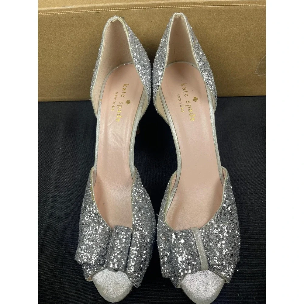 Kate Spade Silver Glitter Bow Peep Toe d'Orsay Stiletto Heels Pumps Size 7.5